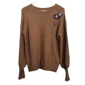 Nordstrom Brand By Design Floral Rhinestone Pearl Knit Pullover Sweater Small